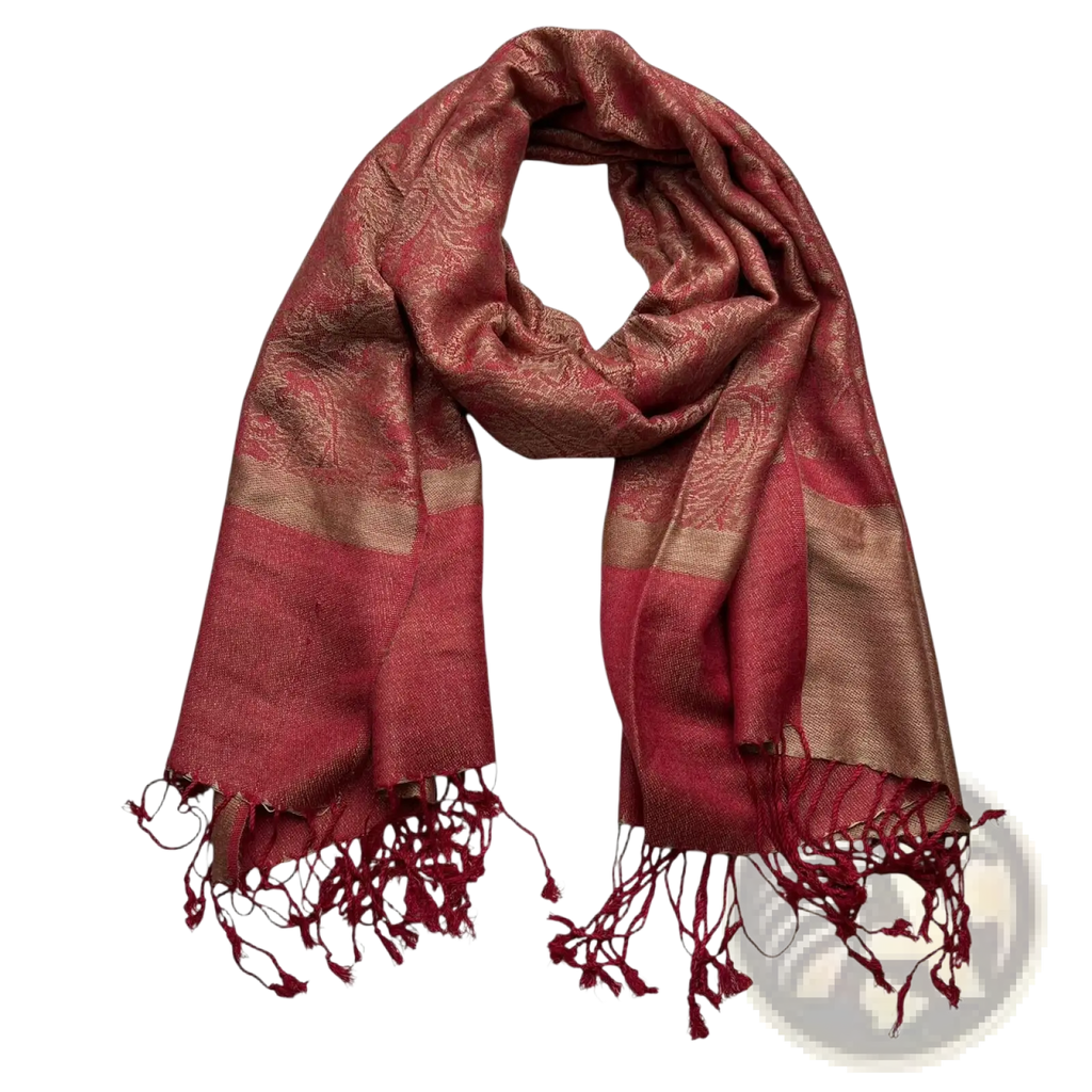 Jacquard winter scarf red woven shawl in rich burgundy and gold tones with subtle paisley pattern and fringed edges