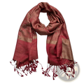 Jacquard winter scarf red woven shawl in rich burgundy and gold tones with subtle paisley pattern and fringed edges