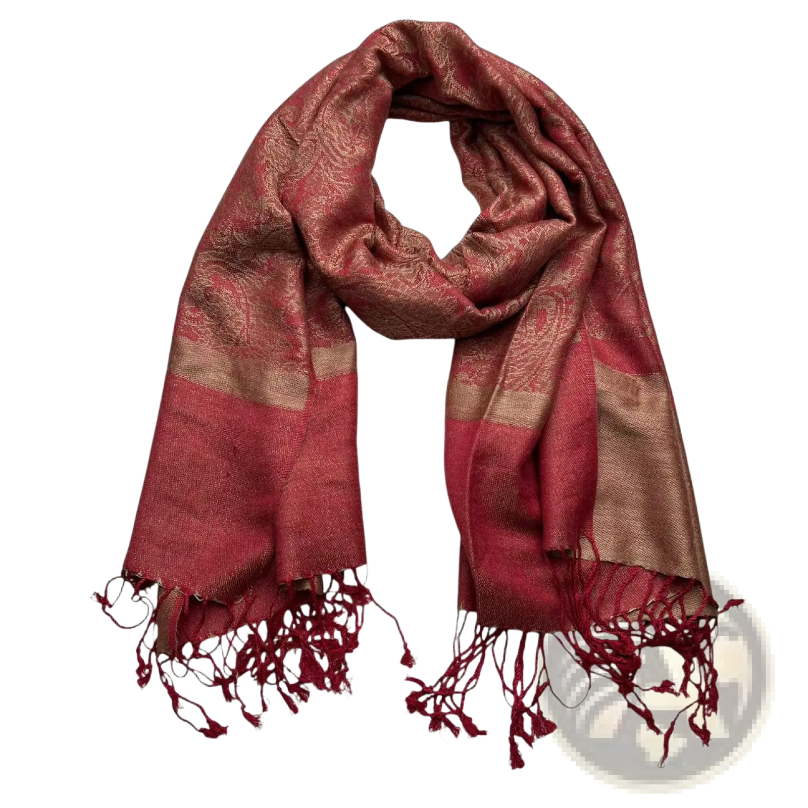 Jacquard winter scarf red woven shawl in rich burgundy and gold tones with subtle paisley pattern and fringed edges