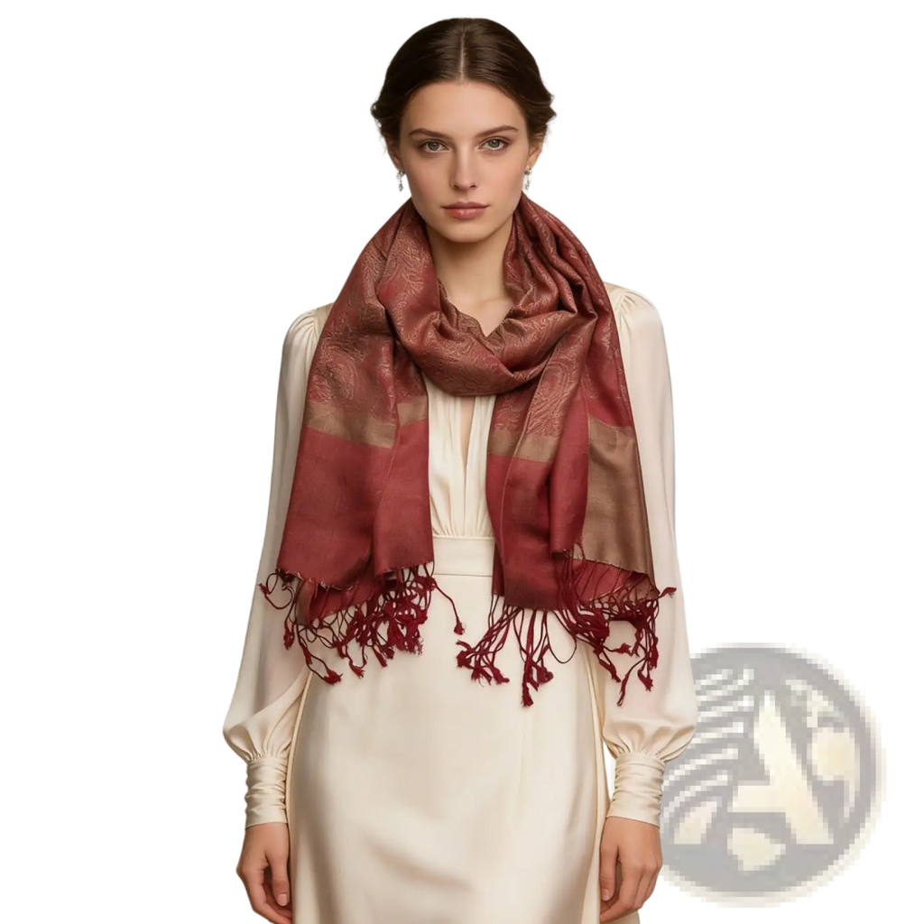 A luxurious maroon and beige jacquard winter scarf made of patterned silk with intricate woven design and fringed edges