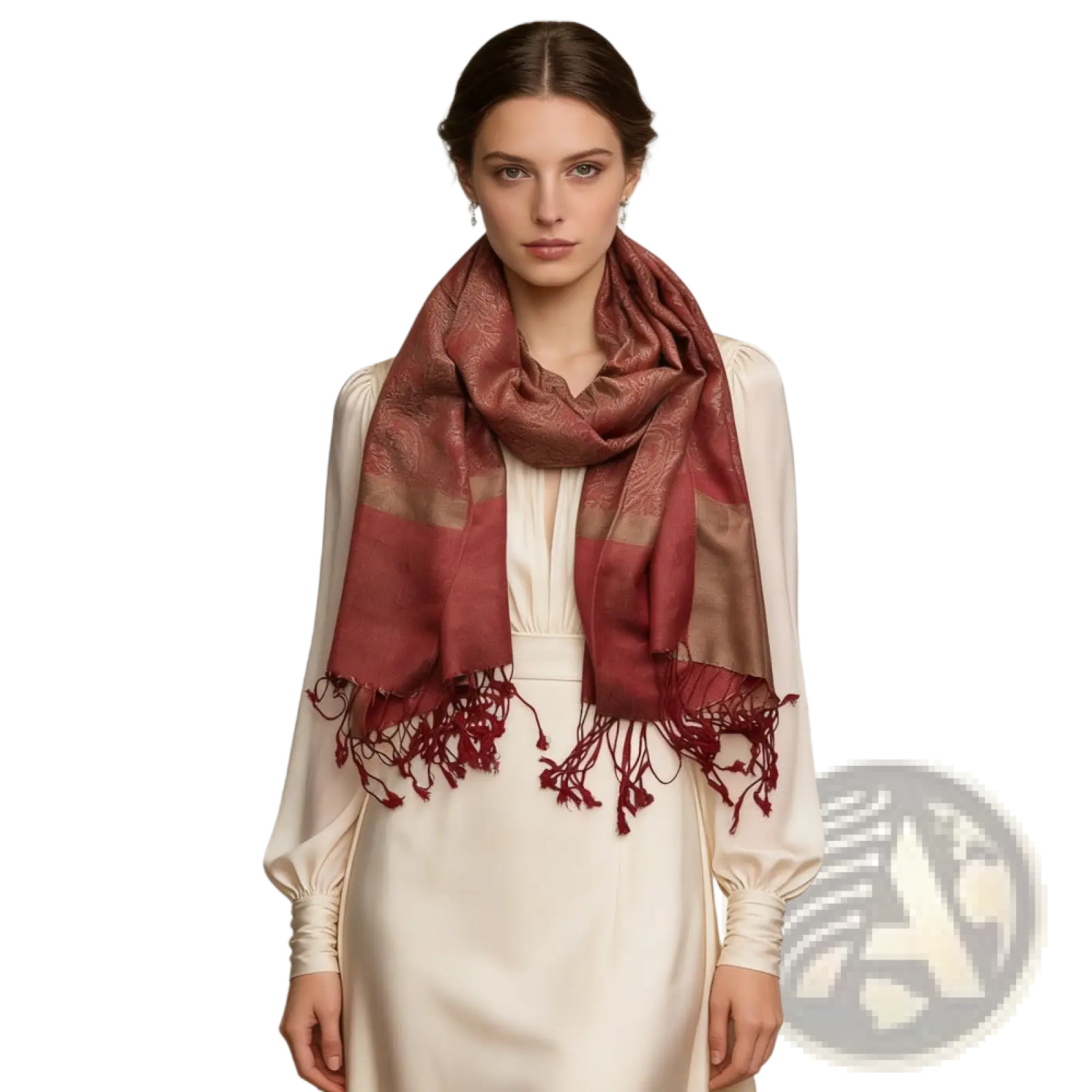 A luxurious maroon and beige jacquard winter scarf made of patterned silk with intricate woven design and fringed edges
