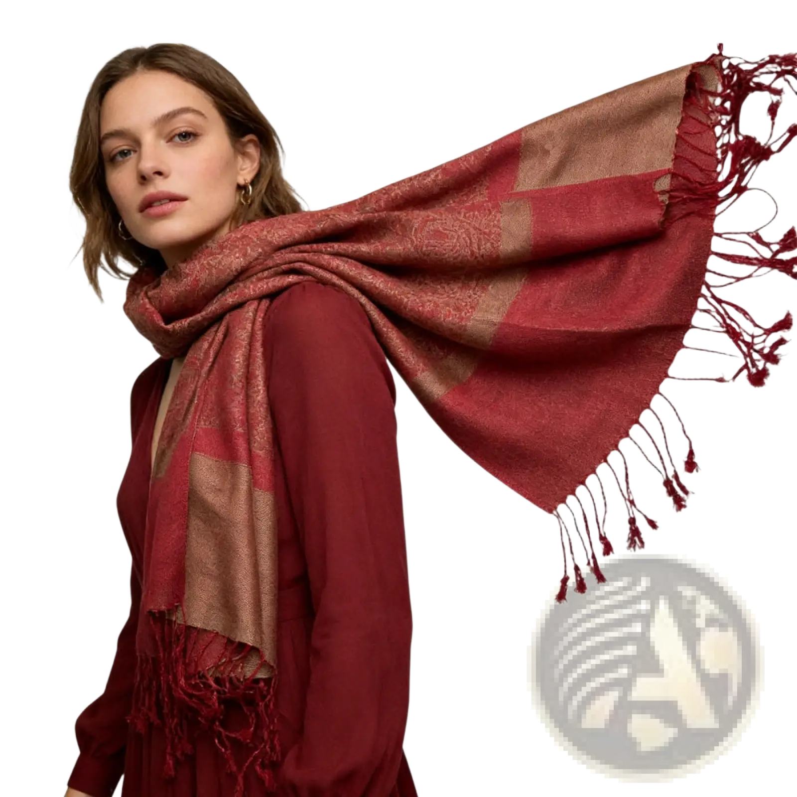 Jacquard winter scarf in rich burgundy with gold woven patterns and decorative fringes for elegant cold weather wear