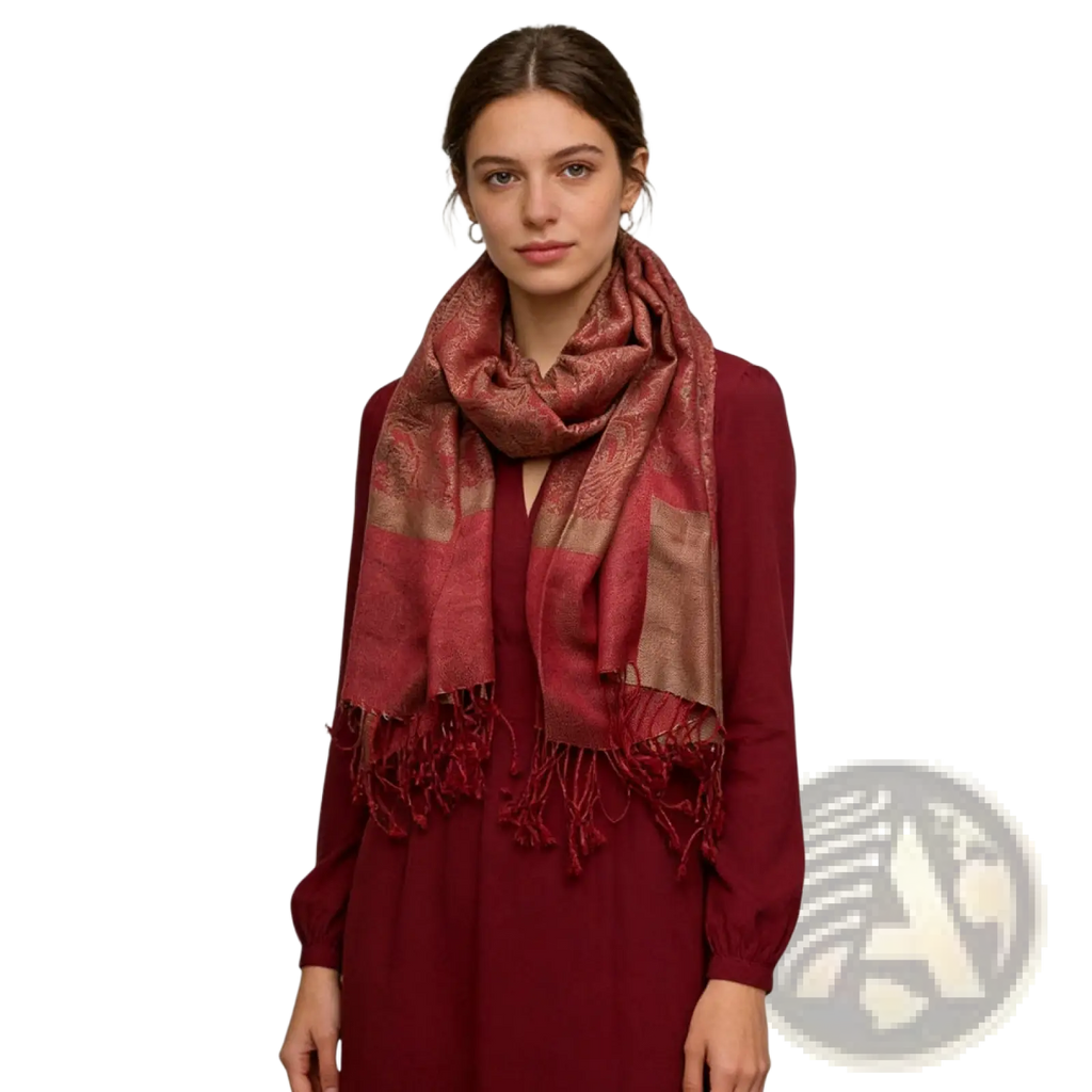 Jacquard winter scarf red woven shawl featuring a rich burgundy and gold pattern with fringed edges