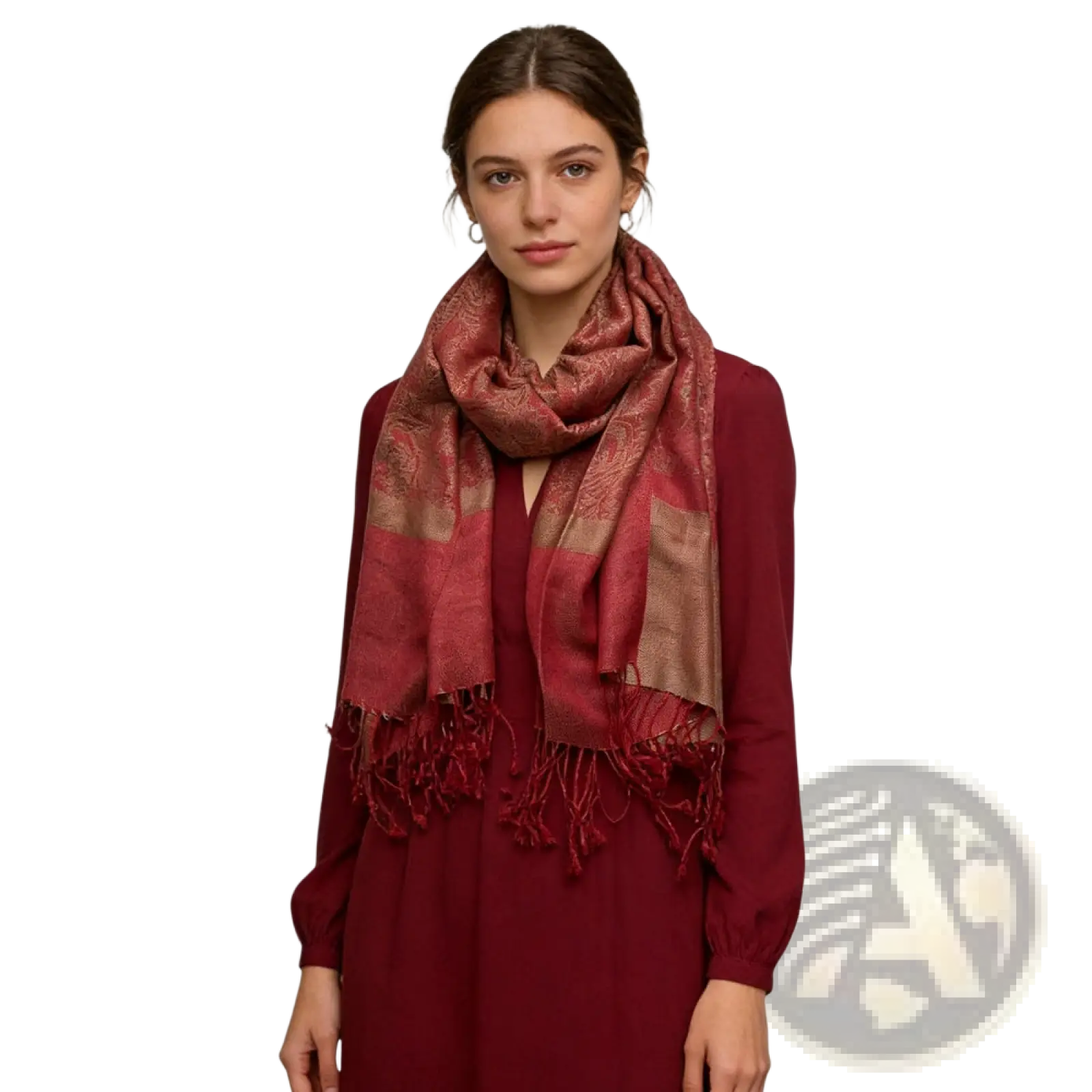 Jacquard winter scarf red woven shawl featuring a rich burgundy and gold pattern with fringed edges
