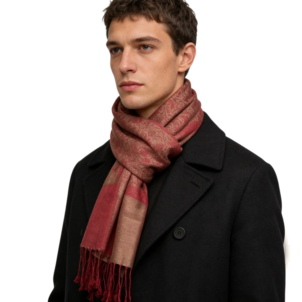 Jacquard winter scarf in rich burgundy and rose gold with paisley pattern and soft fringed edges woven shawl