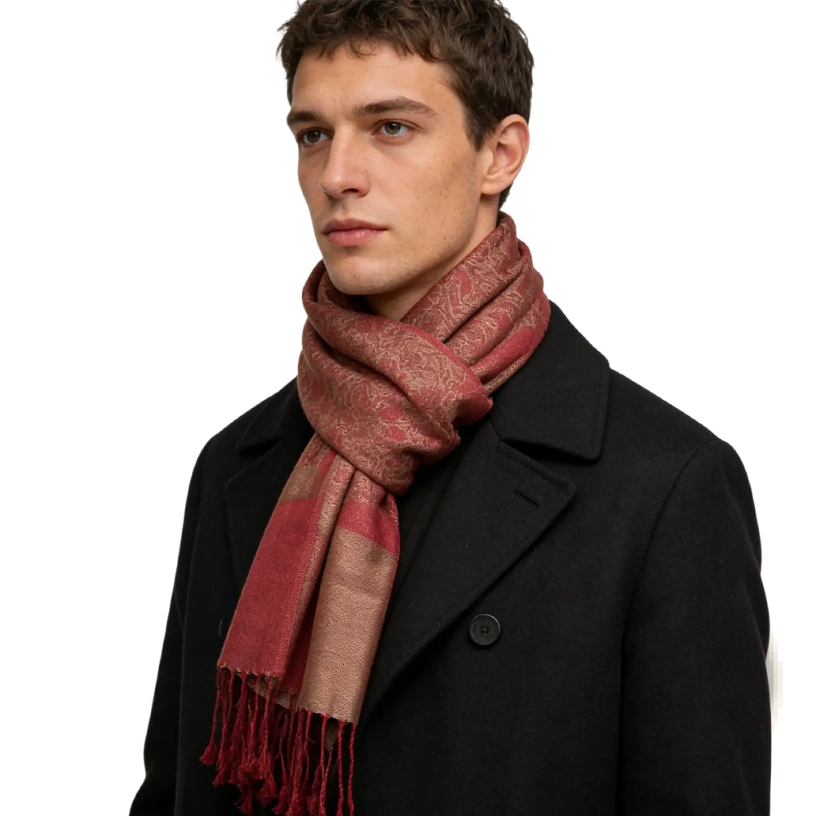 Jacquard winter scarf in rich burgundy and rose gold with paisley pattern and soft fringed edges woven shawl