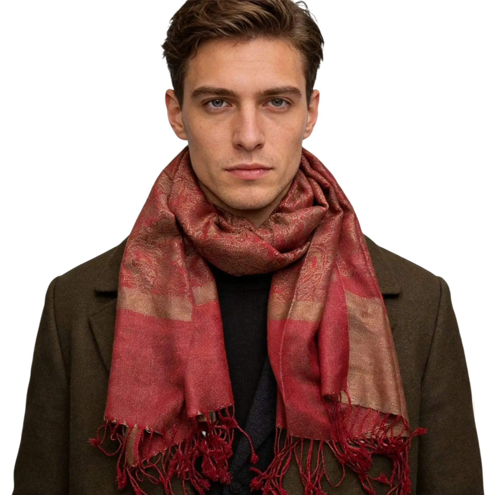 Jacquard winter scarf woven shawl in rich red and rust with patterned design and fringed edges worn around the neck