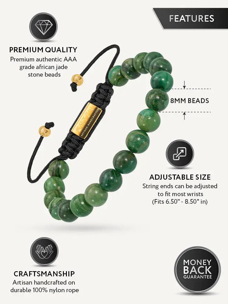 Bali african jade beaded bracelet with green jade beads black nylon cord and gold-toned metal accents