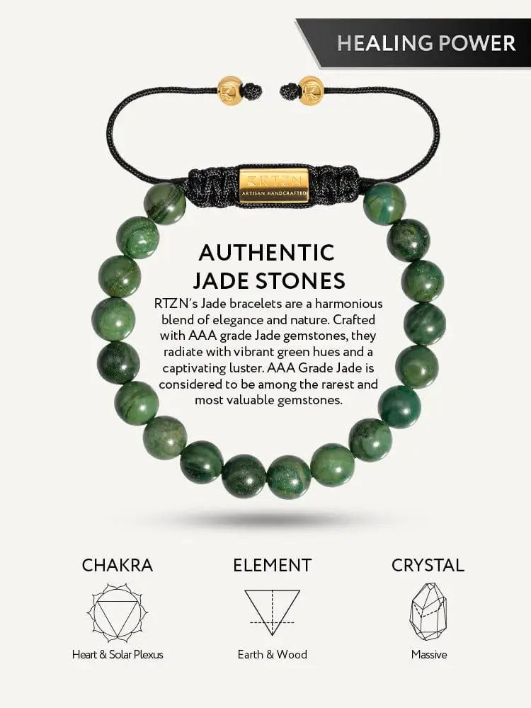 A sleek black braided cord Bali African jade beaded bracelet with vibrant green jade stones and gold accents
