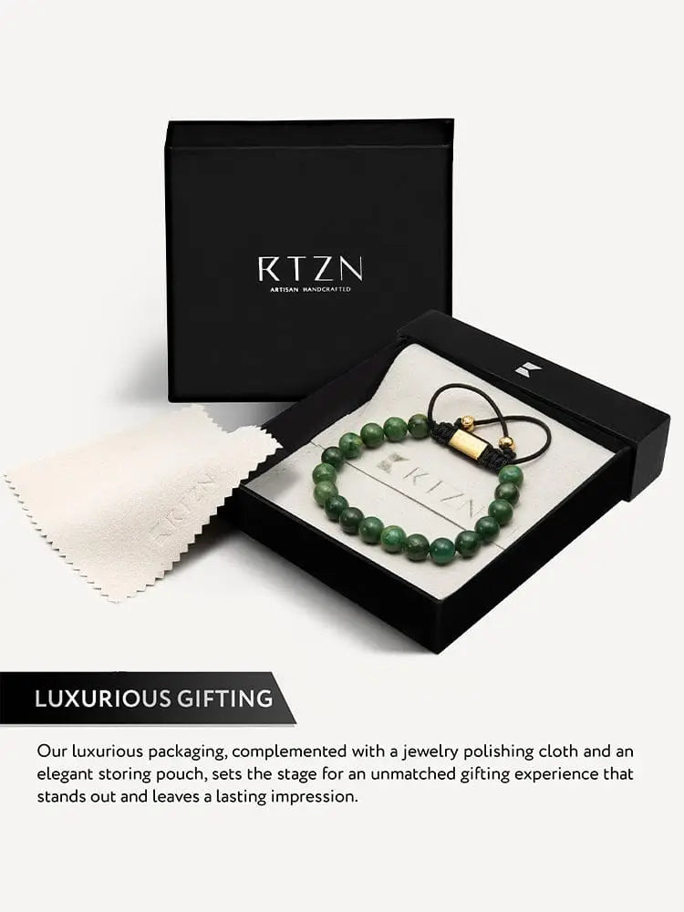 Bali African jade beaded bracelet with emerald green beads gold-toned clasp and black cord in rtzn gift box