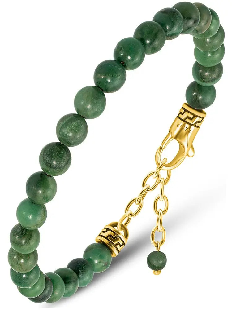 A green african jade beaded bracelet with gold stainless steel chain and clasp for elegant wear