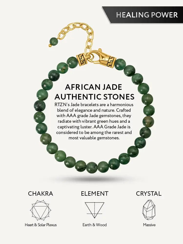 African jade beaded bracelet with round vibrant green aaa-grade gemstones on gold stainless steel chain and ornate clasp
