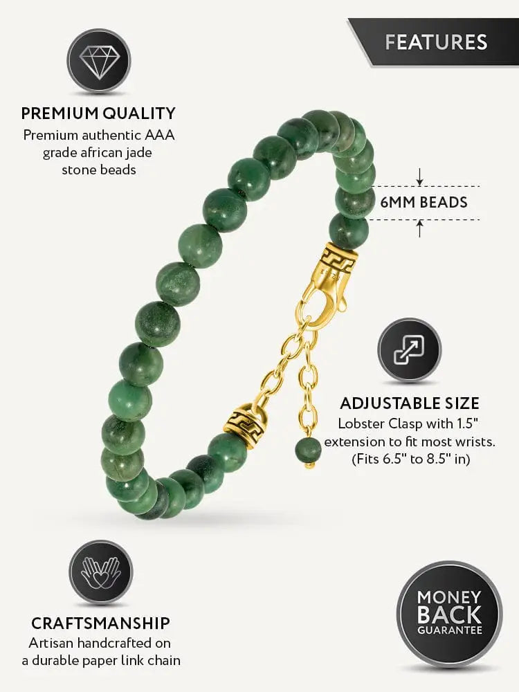 Green african jade beaded bracelet with gold stainless steel lobster clasp and adjustable chain for elegant wear