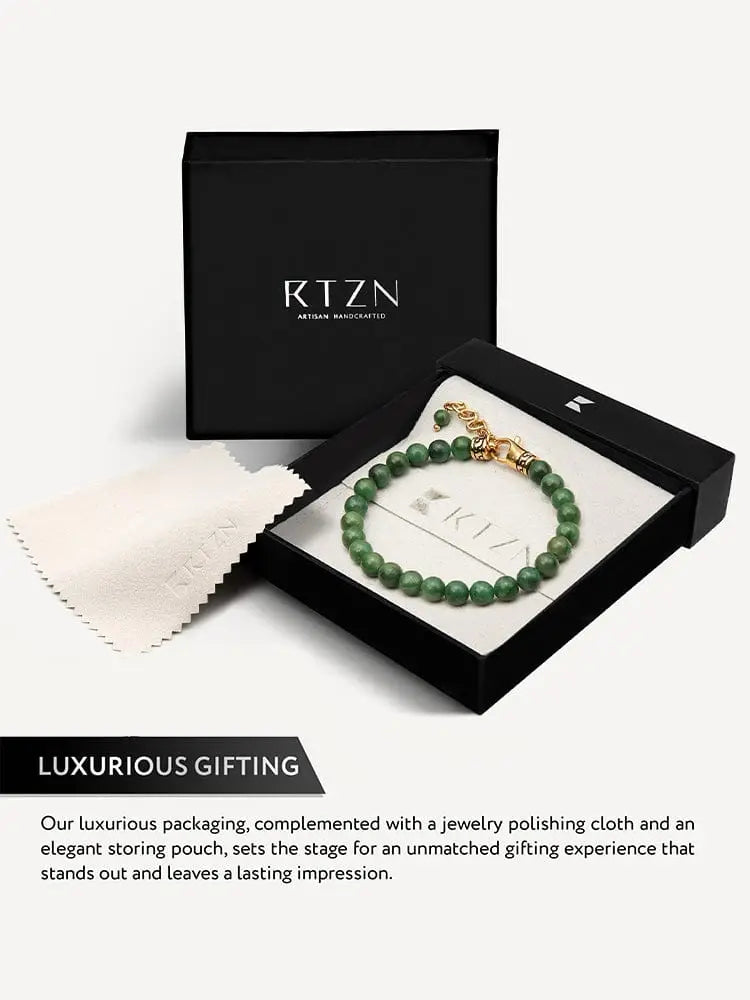 African jade beaded bracelet with green jade beads and gold stainless steel chain in black gift box