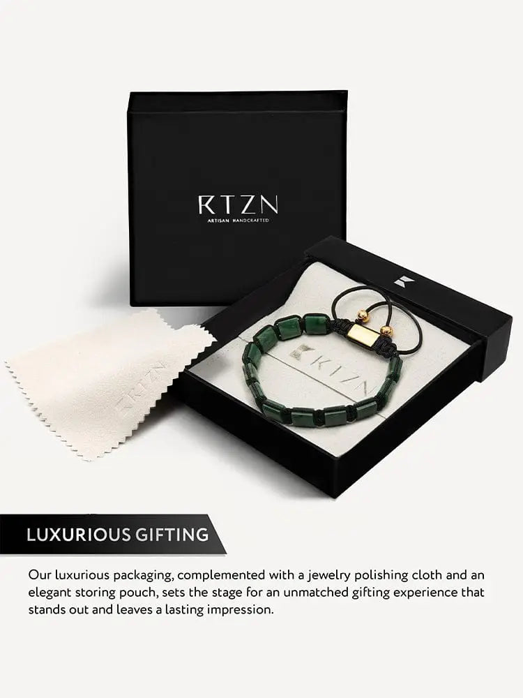 Havana African jade square beaded adjustable bracelet with emerald green beads gold-toned clasp in rtzn gift box