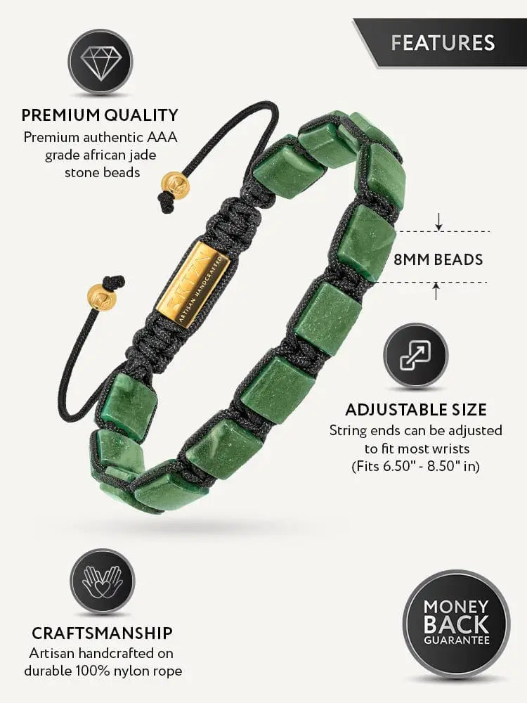 Havana african jade square beaded adjustable bracelet with green jade beads on black nylon cord and gold-tone accents