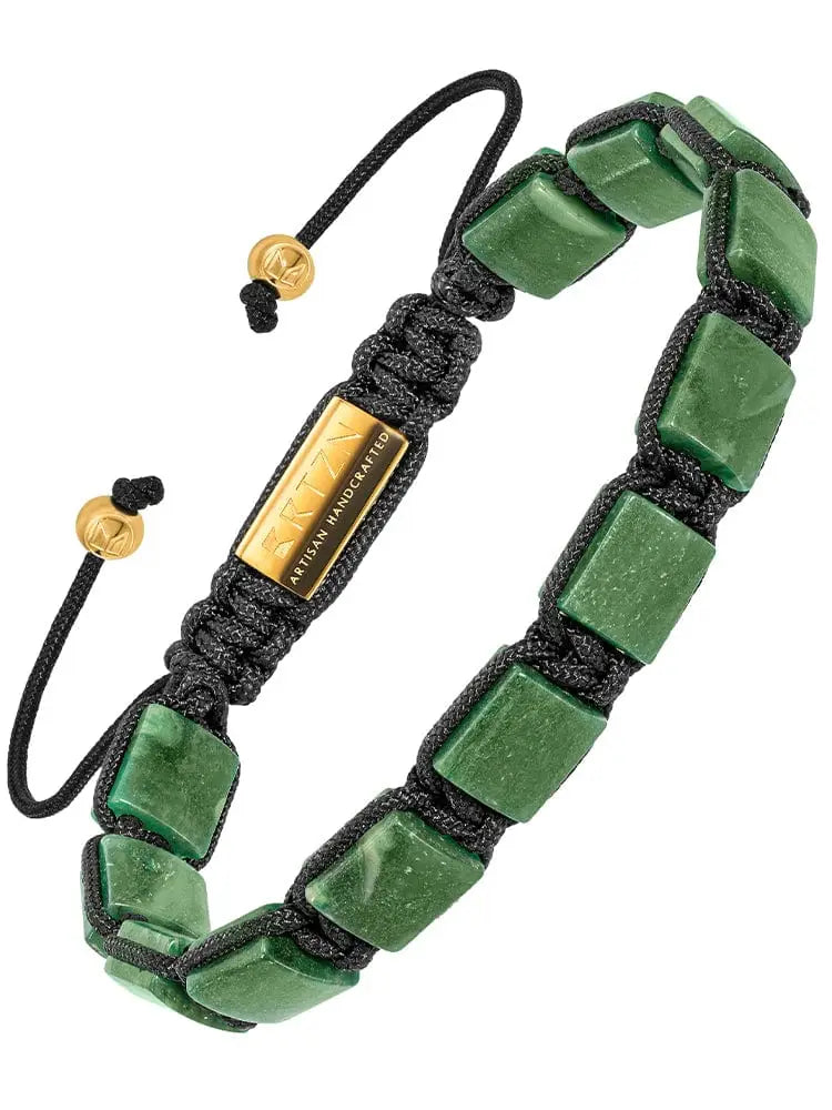 Havana african jade square beaded adjustable bracelet with green jade beads on black braided cord and gold metal tag