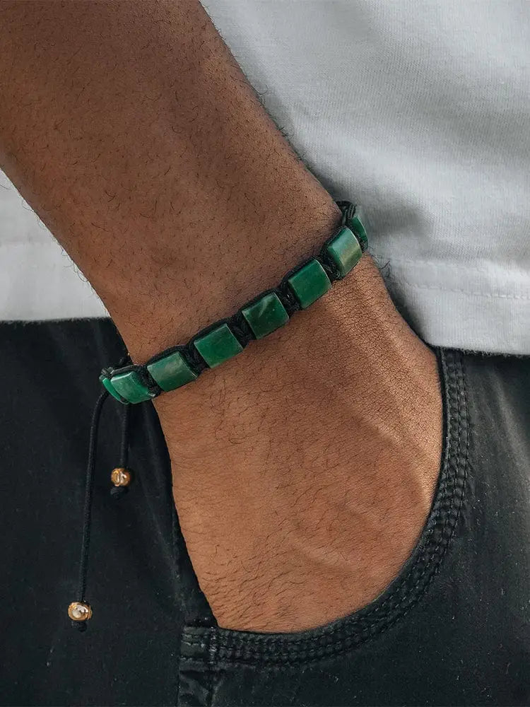 Green rectangular stone Havana African jade square beaded adjustable bracelet with black cord and gold-toned beads