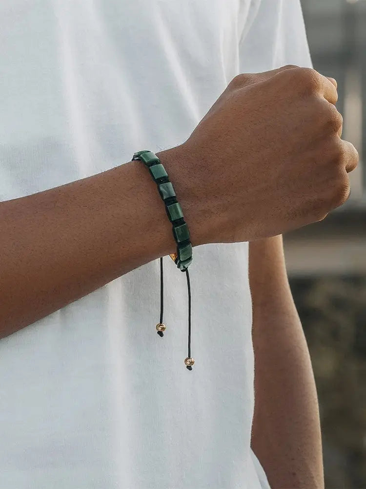 Green rectangular stone havana african jade square beaded adjustable bracelet with black cord and gold toned beads