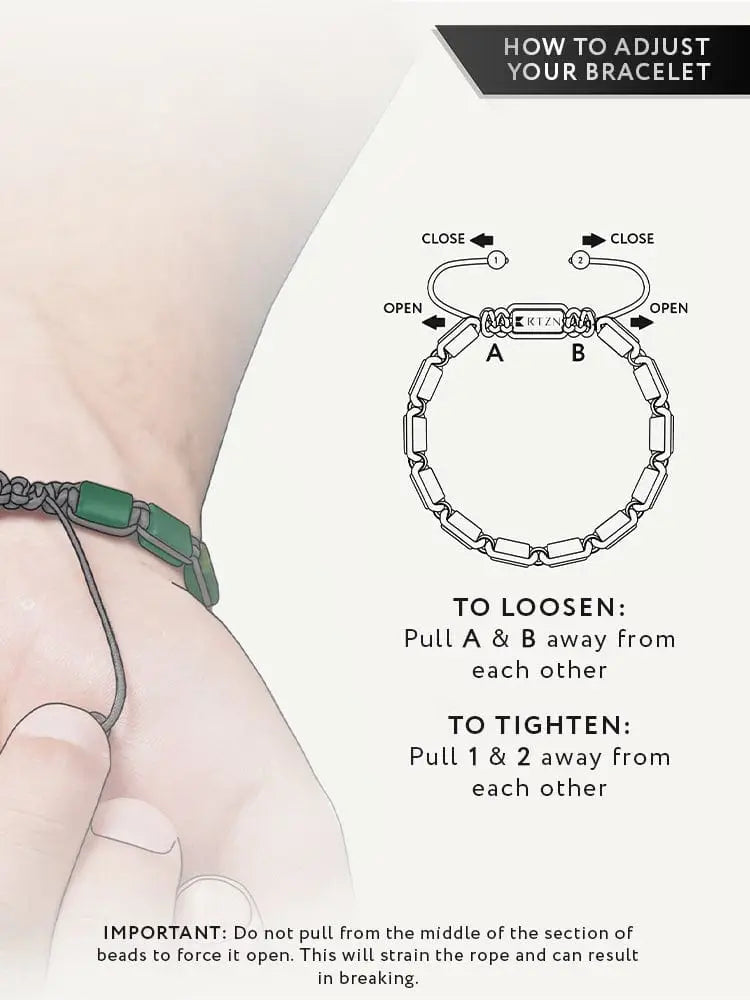 Havana African jade square beaded adjustable bracelet with green beads and braided gray cord