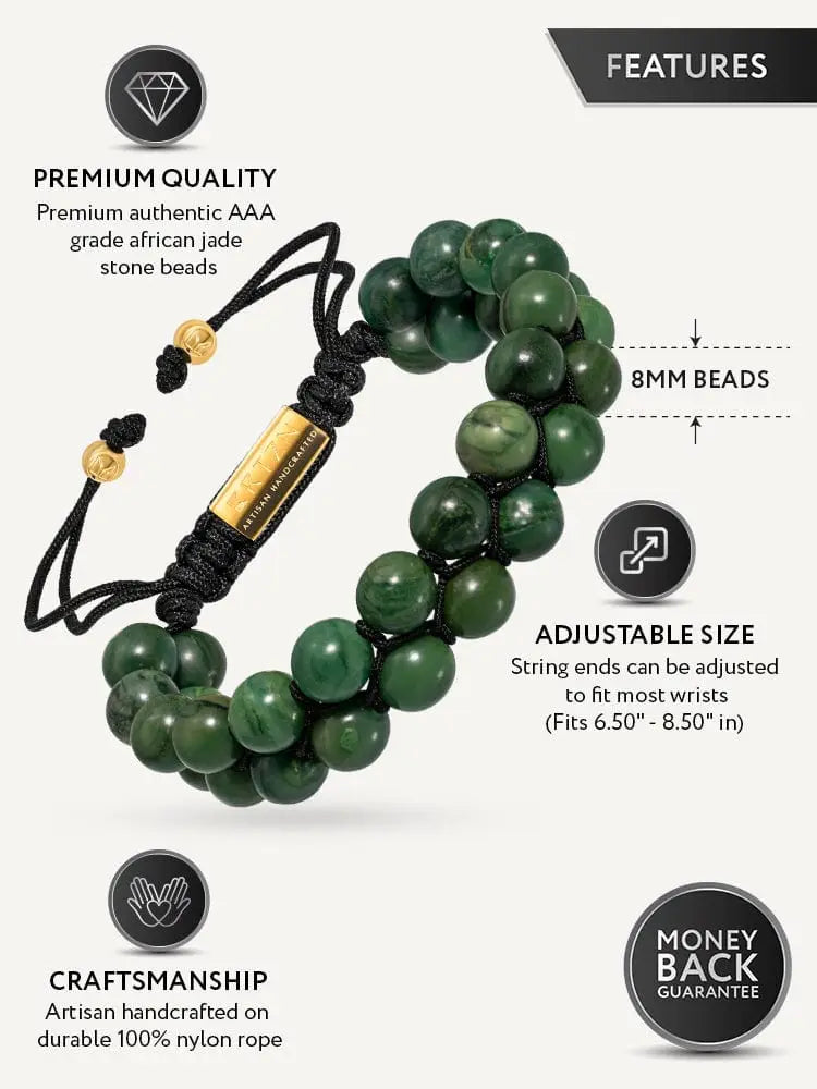Adjustable african jade beaded bracelet with green beads gold-toned metal accents and black nylon cord closure