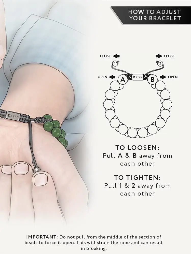 Adjustable african jade beaded bracelet with green beads black cord and silver toned metal clasp
