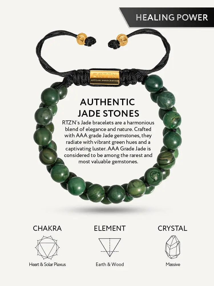 Adjustable African jade beaded bracelet with black braided cord green aaa grade jade stones and gold-toned accents