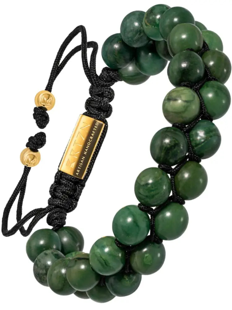 Adjustable African jade beaded bracelet with green beads, black braided cord, and gold-tone metal clasp accents