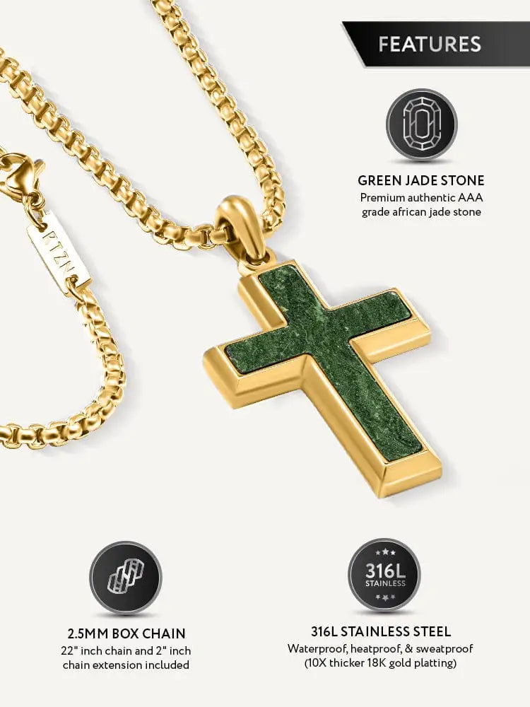 Gold stainless steel cross pendant necklace with green jade stone inlay showcasing elegant religious jewelry design