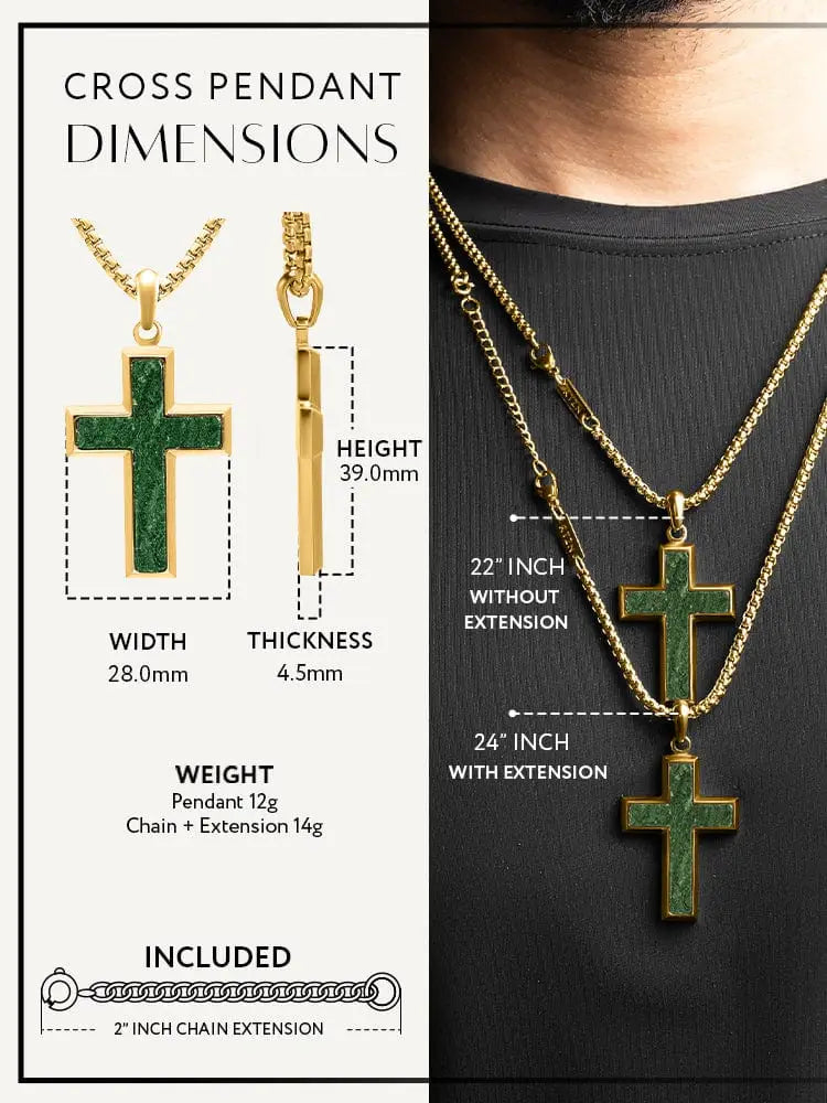 Green jade cross pendant necklace in gold stainless steel with textured green inlay and polished gold edges