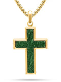 Gold stainless steel cross pendant necklace with a green jade textured stone inlay for elegant wear