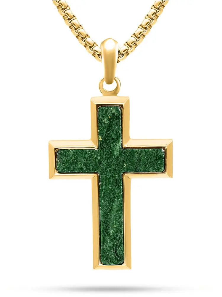 Gold stainless steel cross pendant necklace with a green jade textured stone inlay for elegant wear