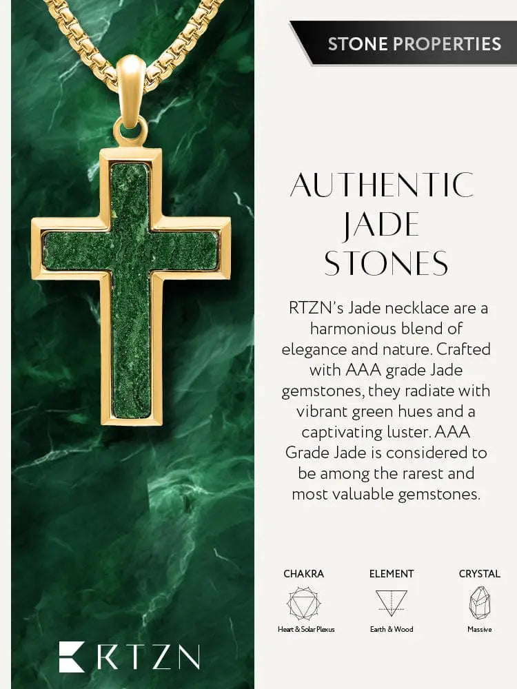 Green jade cross pendant necklace in gold stainless steel with authentic green jade stones set in polished metal frame