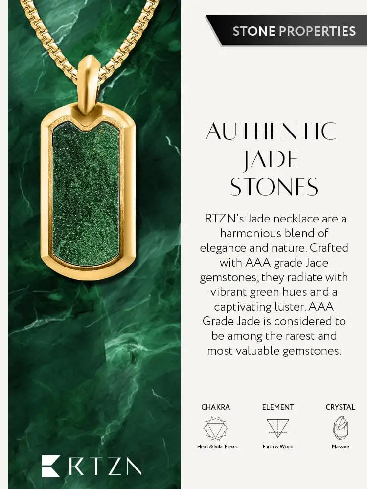 18k gold plated jade dog tag necklace in stainless steel featuring a gold-toned pendant with authentic green jade stone