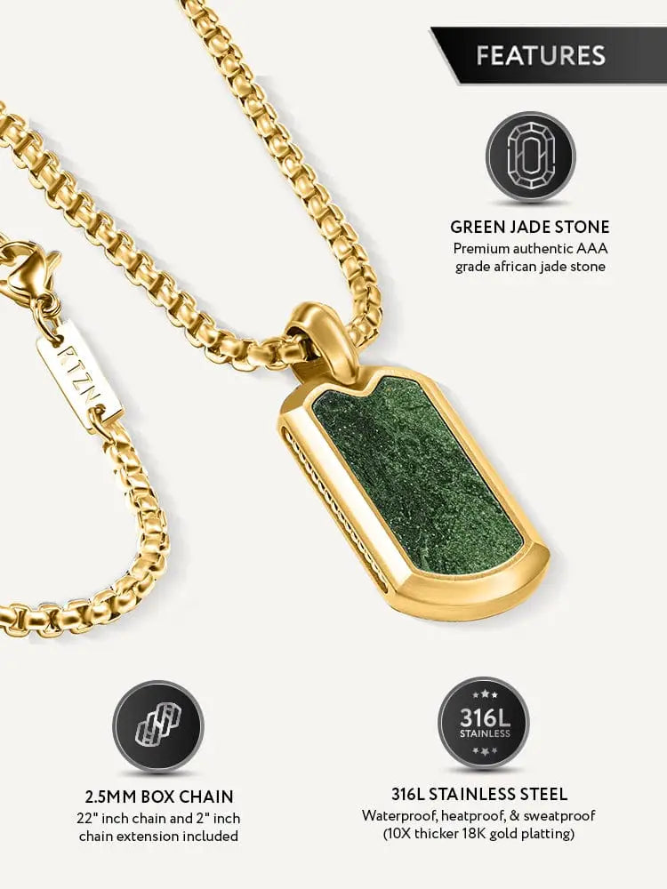 18k gold plated jade dog tag necklace in stainless steel featuring a green jade stone inset and gold-toned finish