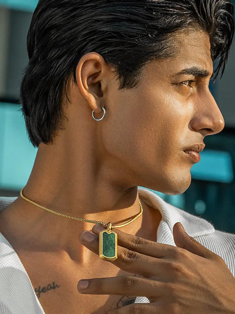 18k gold plated jade dog tag necklace with green stone inlay on a delicate gold chain in stainless steel