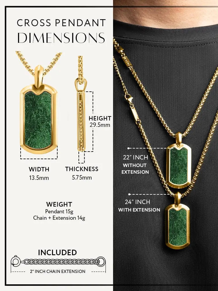 18k gold plated jade dog tag necklace in stainless steel with gold-toned cross pendant and green stone inlay chain extension