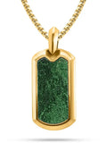 18k gold plated jade dog tag necklace in stainless steel with green aventurine stone inset and gold tone finish