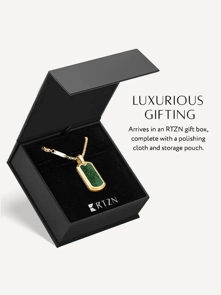 18k gold plated jade dog tag necklace in stainless steel with a gold-toned pendant and vibrant green textured stone inlay