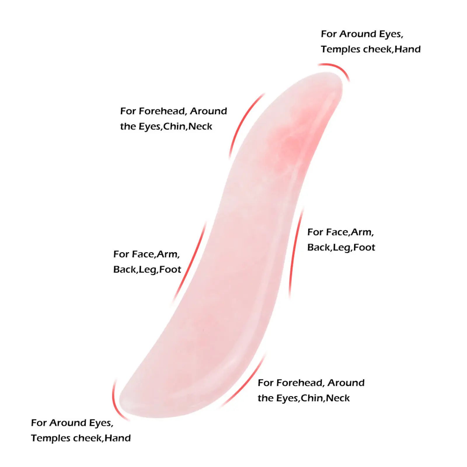 Translucent pink jade gua sha facial massage tool with curved edges and labeled zones for skin care application
