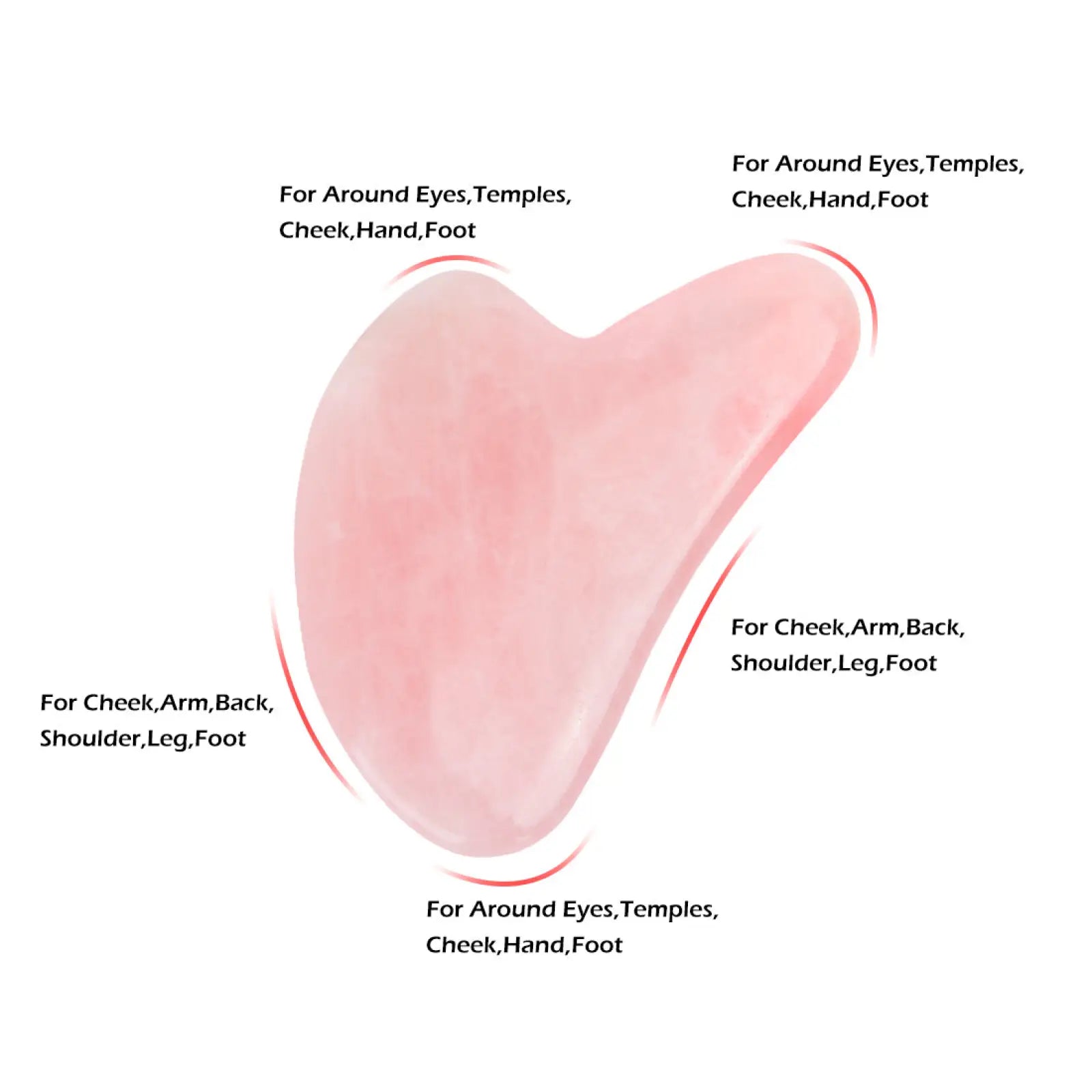 A smooth translucent pink jade gua sha facial massage tool with curved edges for face and body use