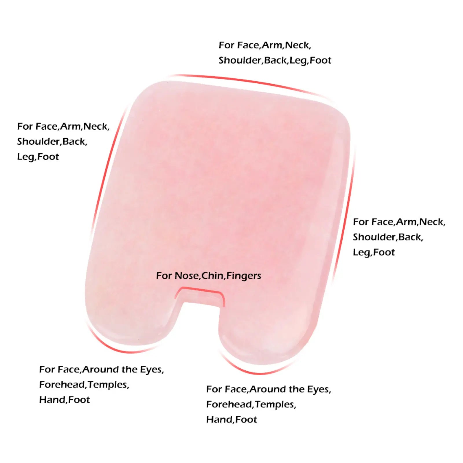 Pink translucent jade gua sha facial massage tool with ergonomic contours and labeled application zones for skin care