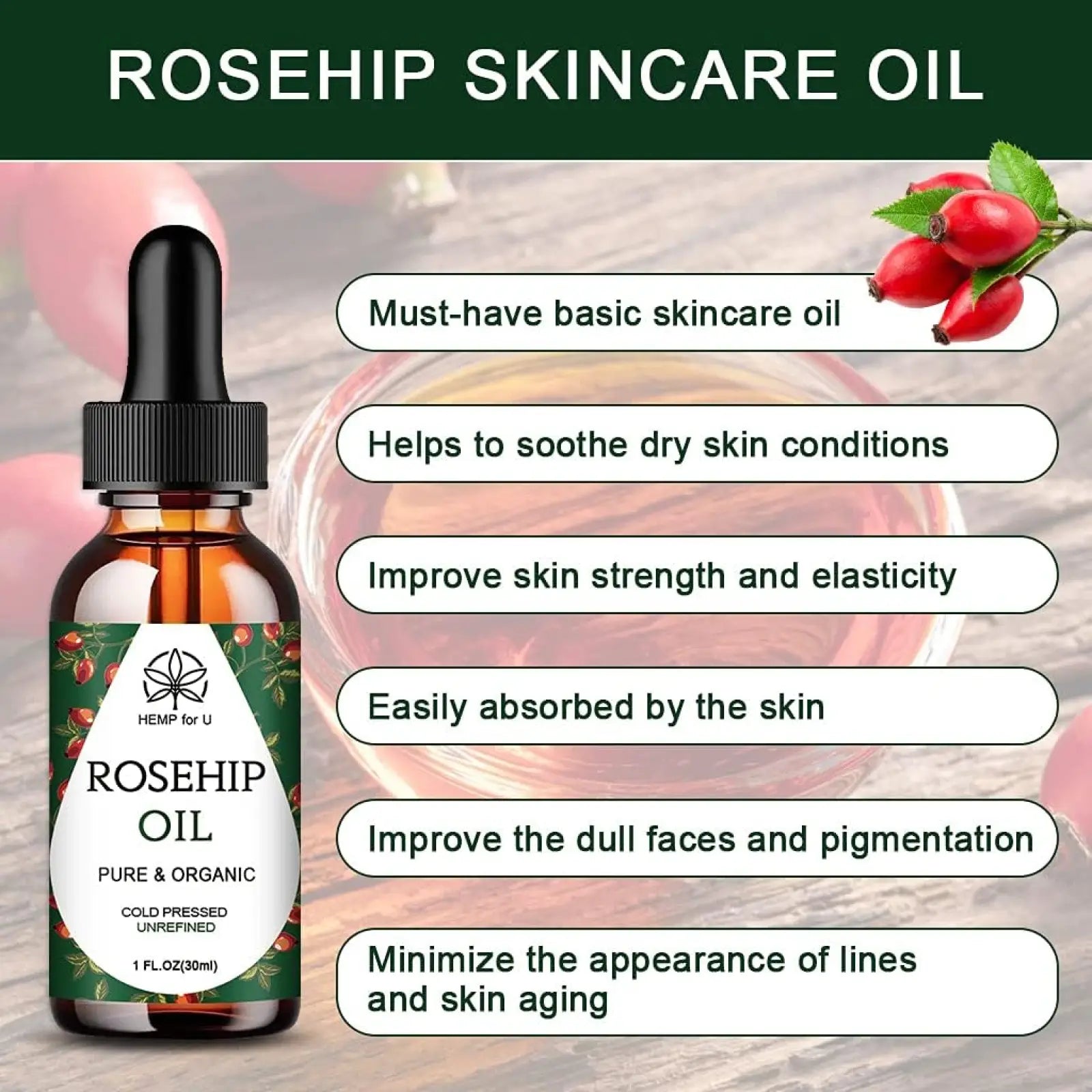 A dark amber glass bottle of pure rosehip skincare oil with a black dropper cap and green botanical label from jade gua sha facial set