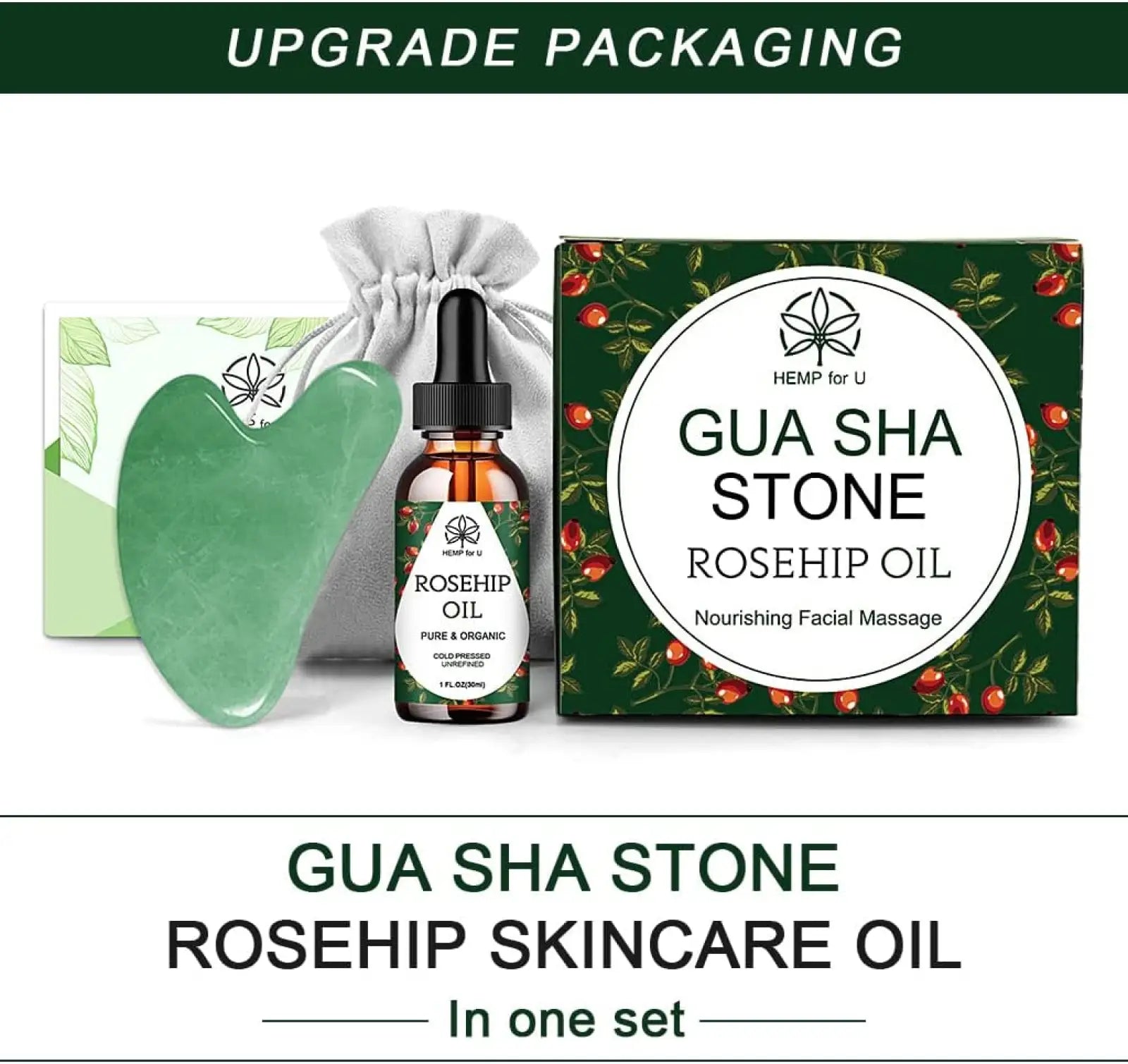 Green jade gua sha stone with smooth polished surface and heart-shaped design in jade gua sha facial set with rosehip oil