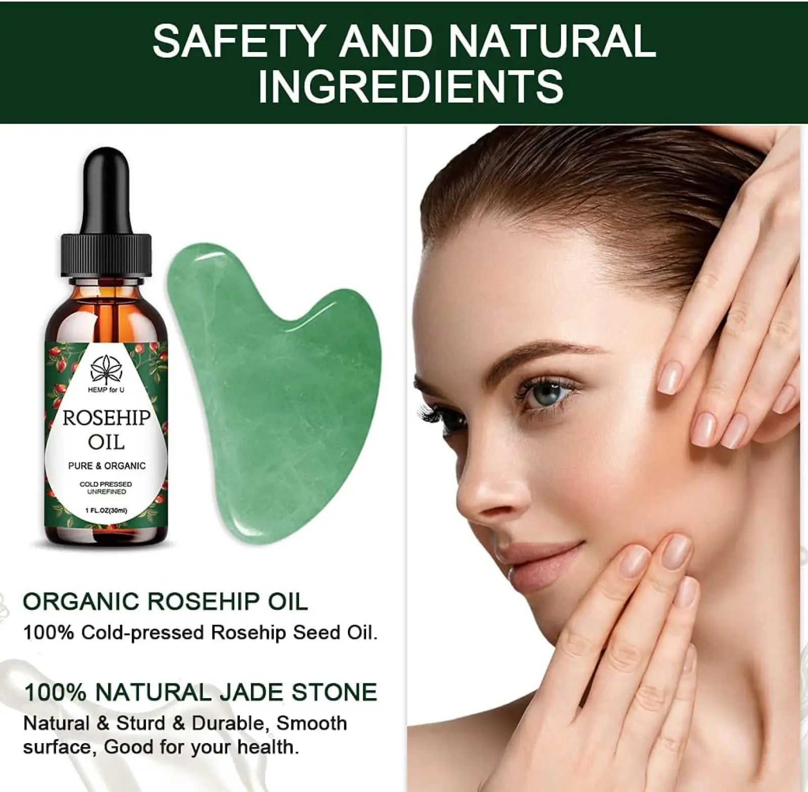 A bottle of organic rosehip oil in amber glass with black dropper cap labeled hemp for u in jade gua sha facial set