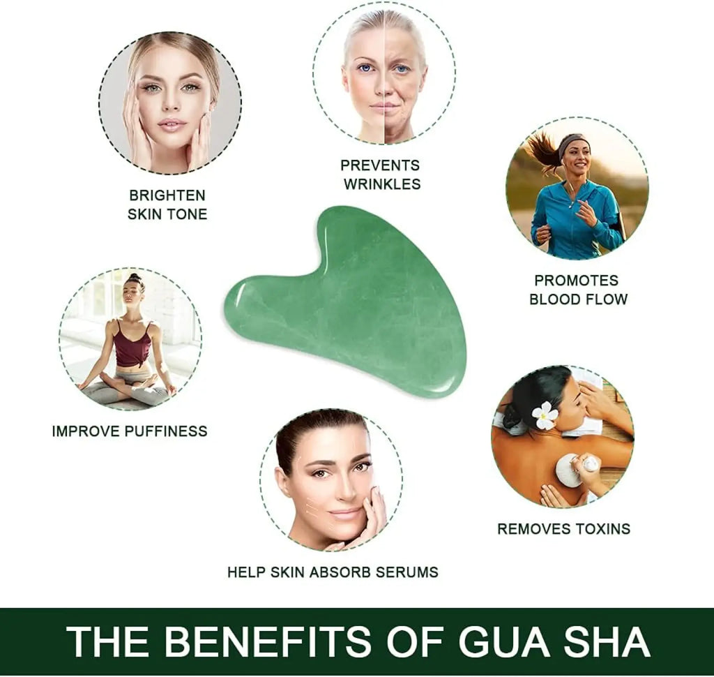 A smooth translucent green jade gua sha tool with a heart-shaped design from jade gua sha facial set with rosehip oil