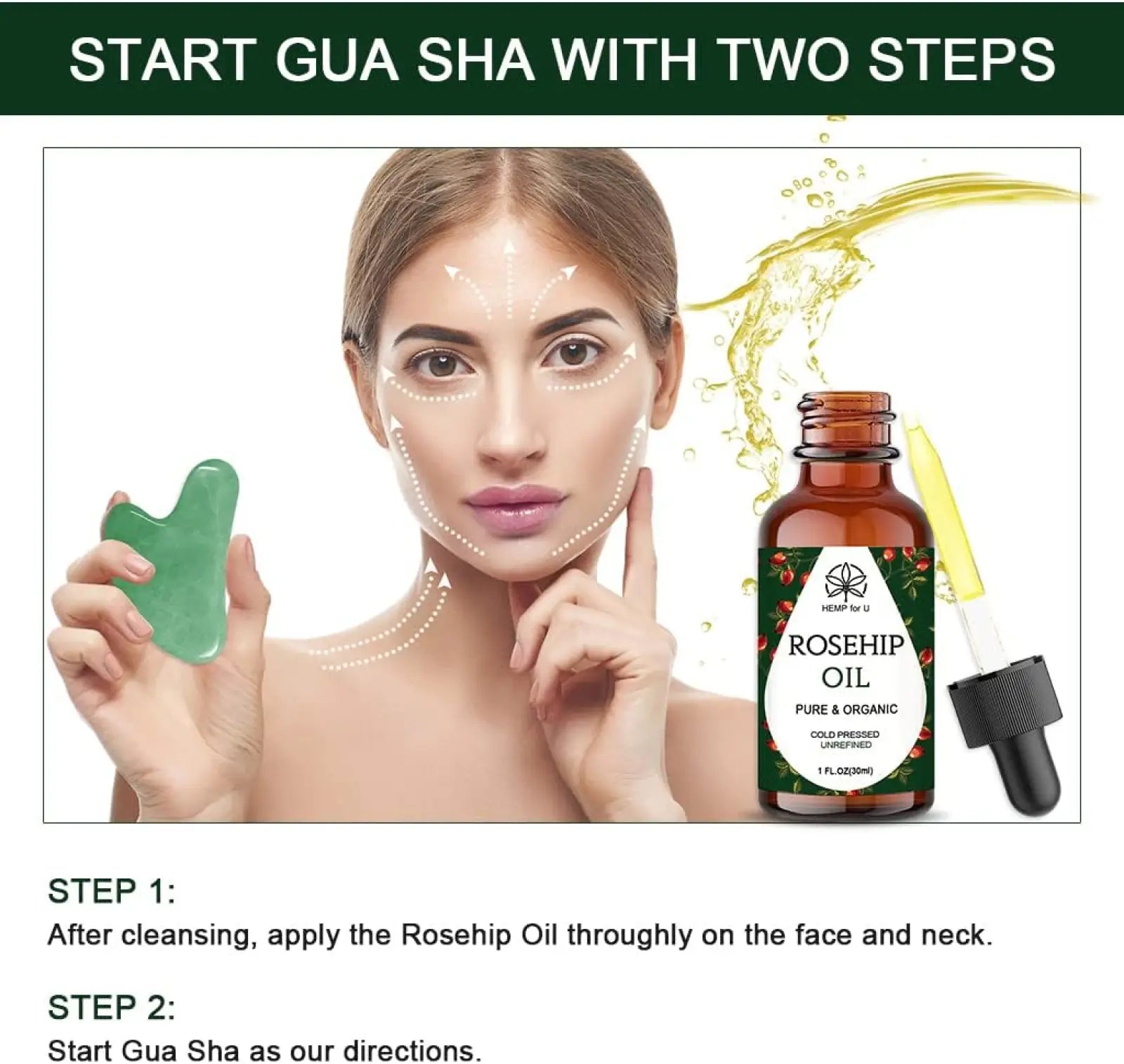 Green jade gua sha tool made of jade in a facial set with pure rosehip oil and a travel pouch for skincare use