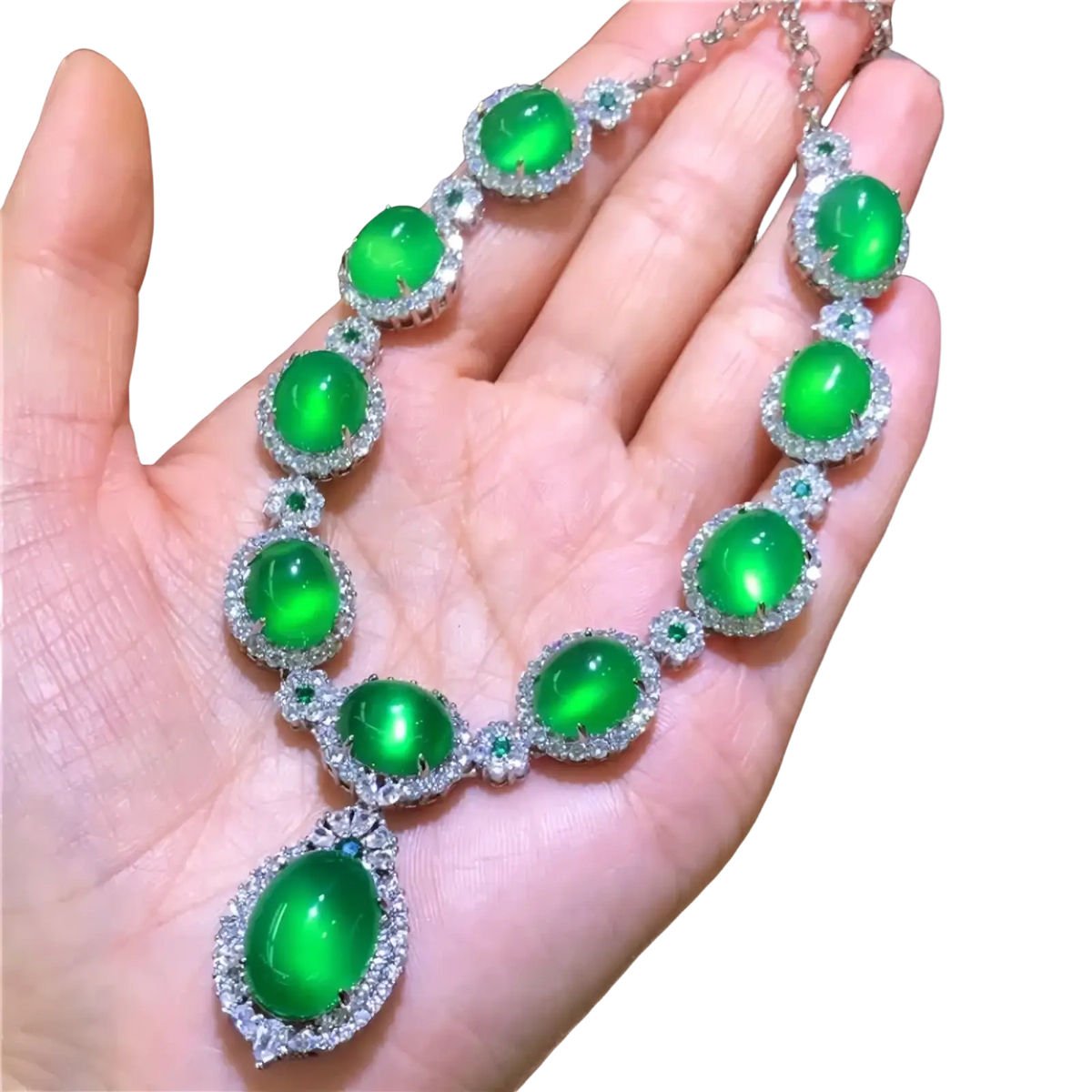 Elegant emerald green jade necklace with diamond accents on a delicate 925 sterling silver chain for bridal wear