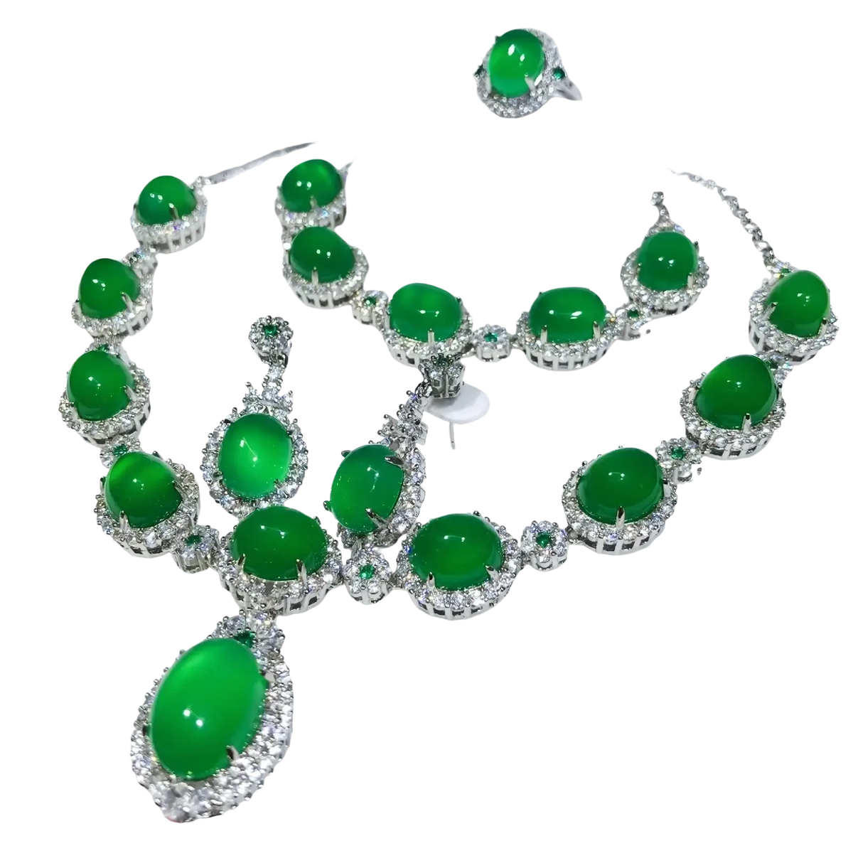 Jade jewelry set 925 sterling silver bridal set featuring an elegant jade green oval cabochon necklace with diamond accents