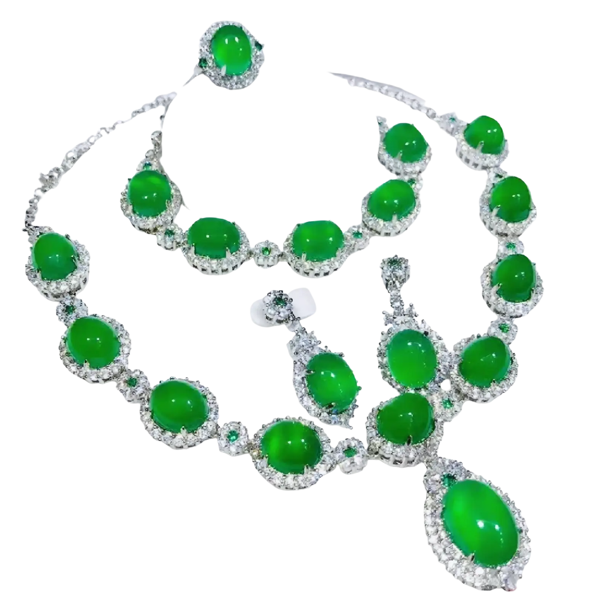 Lustrous emerald green jadeite necklace set with sparkling diamond accents and silver toned 925 sterling silver bridal set
